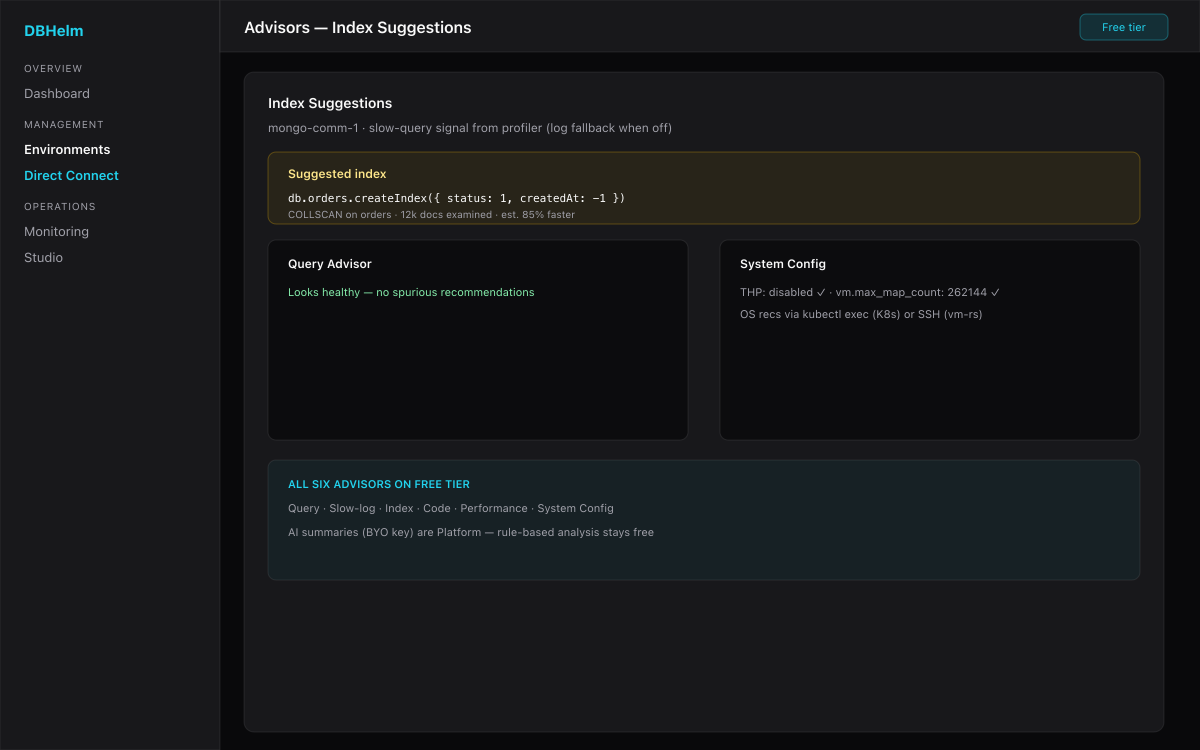DBHelm MongoDB Index Suggestions and advisor panels