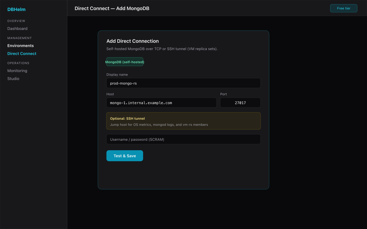 DBHelm Direct Connect dialog for self-hosted MongoDB with optional SSH tunnel