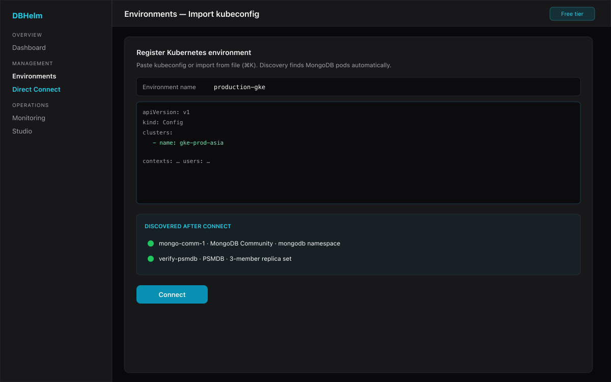 DBHelm Environments page: paste kubeconfig and see discovered MongoDB clusters