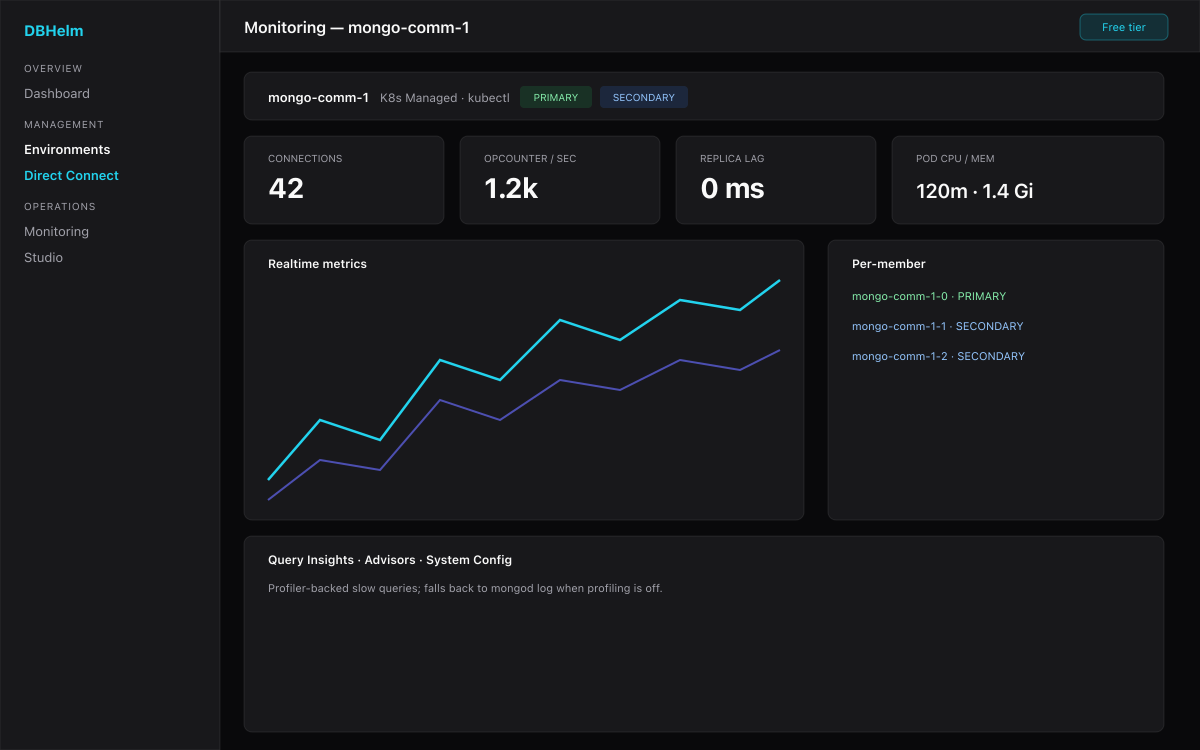 DBHelm MongoDB monitoring dashboard with replica-set roles and realtime metrics