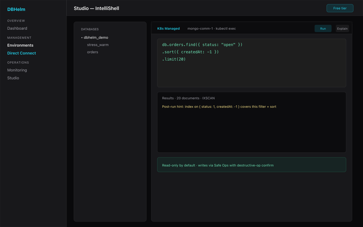 DBHelm MongoDB Studio IntelliShell with explain hints